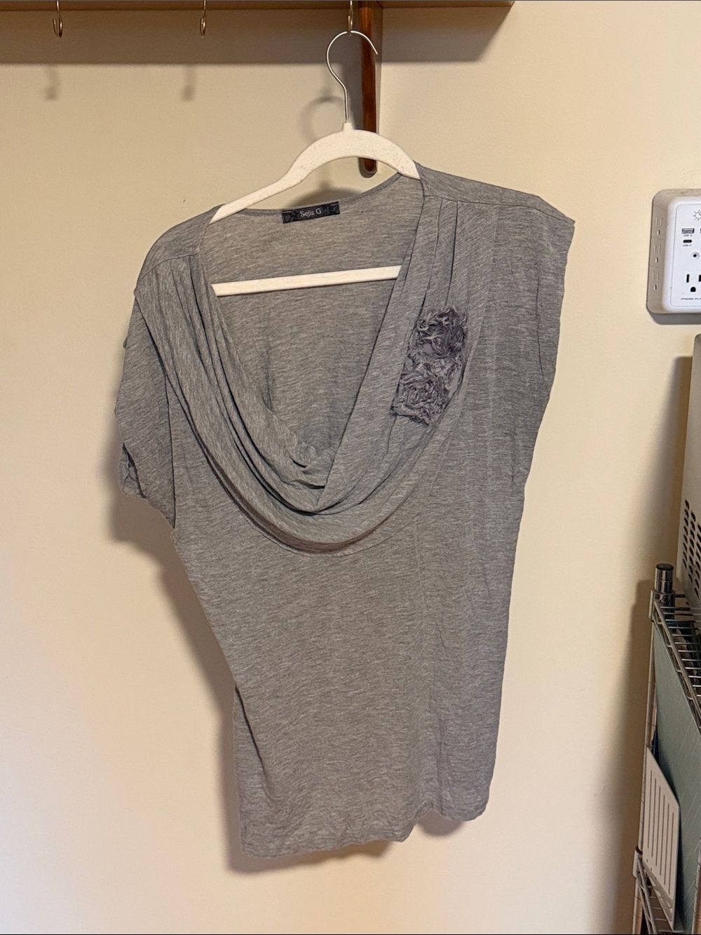 Gray Draped Cowl-Neck with 2 rosettes top